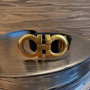 Salvatore Ferragamo Rustic Gold /Black Leather Belt